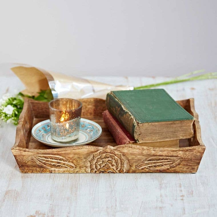 Tray - Hand Carved Wooden Tea Tray, Mango Wood