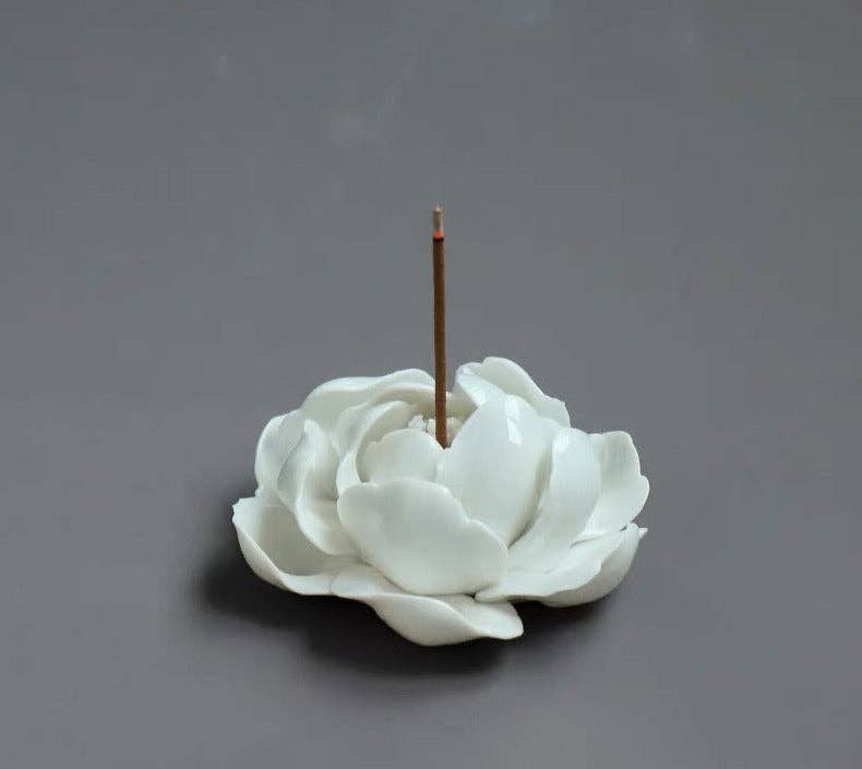 Handmade Ceramic incense burner - Lotus Flower in white