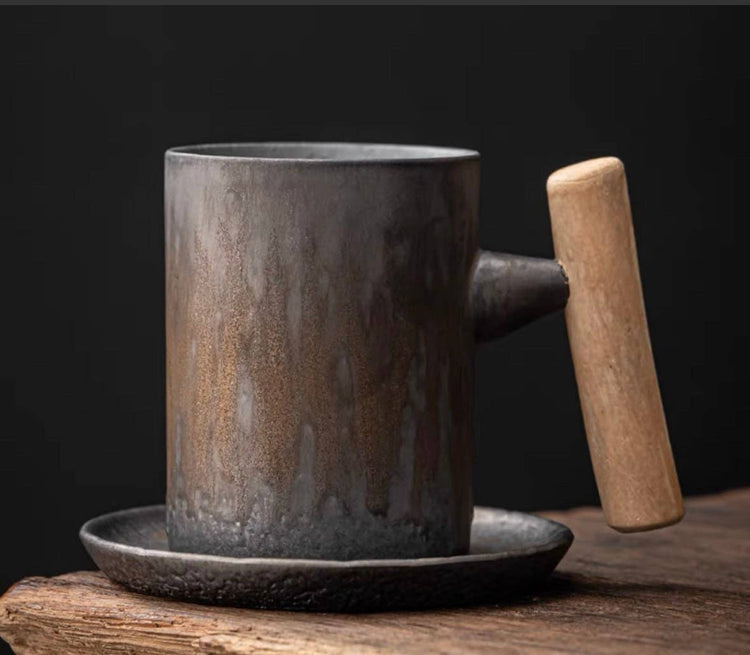 Gohobi Everyday Wooden handle Ceramic Metallic Glaze Mug